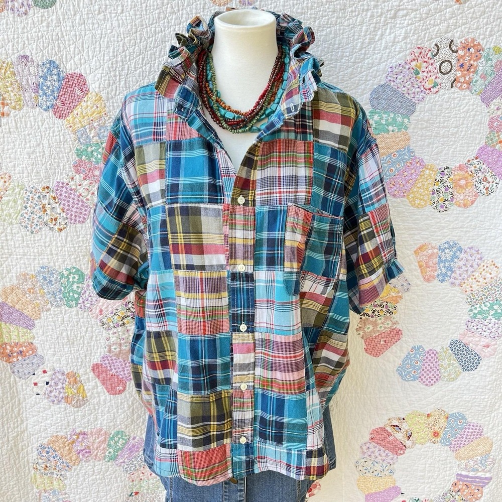 Upcycled Preppy Lands End Autumn Madras Patchwork Oversized Short Sleeve XXL - Picture 3 of 10